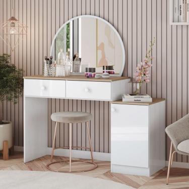 Imagem de Penteadeira Agnes 2 Gaveta Espelho Circular E Puxador Em Abs Branco Com Jequitibá Hp