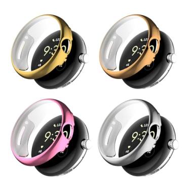 Imagem de Pacote com 4 capas compatíveis com o relógio Google Pixel Watch 2/Pixel com película de vidro temperado, capa protetora de proteção contra choques de relógio de cobertura total de TPU para Google Pixel Watch 2/1