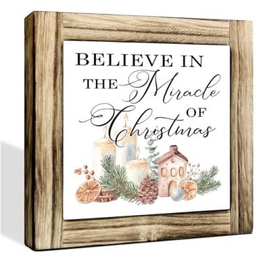 Imagem de Decoração de feliz Natal, placa de arte de Natal Believe in the Miracle of Christmas, decoração de madeira de festival para home office cafe bar, placa de madeira de fazenda, 5,9 x 5,8 cm
