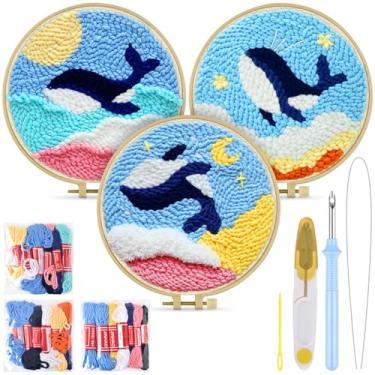 Imagem de TINDTOP Kits de agulha de perfuração, pacote com 3 kits de bordado de agulha de perfuração para adultos iniciantes, ferramentas com tecido de agulha de perfuração, argolas, fios e agulhas de costura