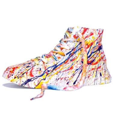 Imagem de GXZUORUI Sapatos masculinos de lona de cano alto, tênis femininos pintados à mão com arte grafite, respingo colorido exclusivo - sapatos casuais com design de tinta, Grafite colorido, 8 Women/7.5 Men