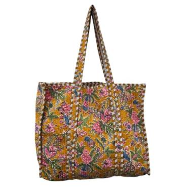 Imagem de YILLE Sacola acolchoada de algodão feita à mão, bolsa de ombro grande Boho reutilizável unissex para viagem e praia, Mostarda amarela, Large