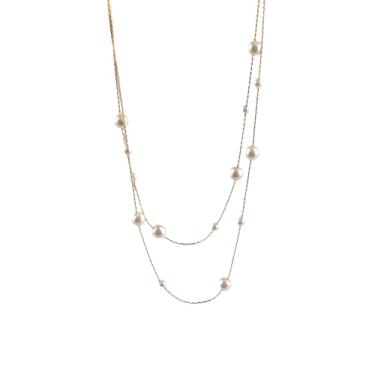 Imagem de BY UNIKAT Colares femininos de pérolas banhadas a ouro 14K, corrente dupla com pérolas de tamanho misto, colar delicado estilo estação gota d'água