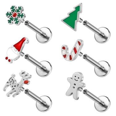 Imagem de ZS 6 peças de piercing labial de aço inoxidável 16G, anéis de lábio labret de árvore de Natal, alce, Papai Noel, Ashley, piercing para lábios, brincos de hélice de concha, tragus, costas planas