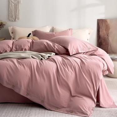 Imagem de JELLYMONI Capa de edredom Queen 100% algodão lavado – Roupa de cama macia e respirável com visual de linho para quartos aconchegantes e conforto para todas as estações, textura natural de rugas, fecho