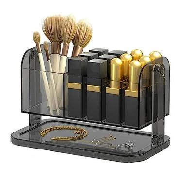 Imagem de BSNANCA Caixa de armazenamento de cosméticos de mesa, organizador de pincéis de maquiagem, joias, batom, recipiente para prateleira de banheiro (preto transparente)