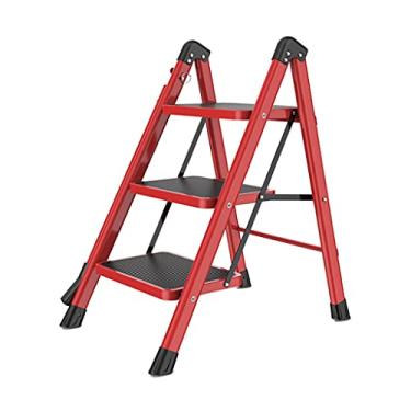 Imagem de Escadas dobráveis escadas de metal escada de 3 degraus com borracha algodão pega única e pedal largo escada portátil multiuso para casa e escritório escada resistente (cor: preto) (vermelho)