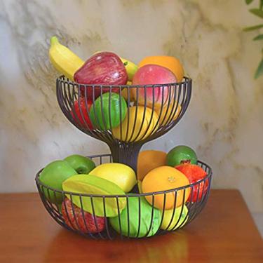 Imagem de Cesta de frutas de 2 camadas, arte de ferro, bandeja antiferrugem, suporte de prato de doces, tigela decorativa para armazenar e organizar legumes, ovos, lanches, bronze, pequeno