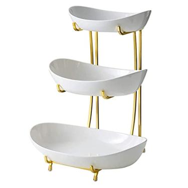 Imagem de Cesta de frutas de cerâmica de 3 níveis, conjunto de tigela de frutas oval de alta capacidade com suporte de metal, cesta de armazenamento de lanches de frutas, decoração de bancada para sushi