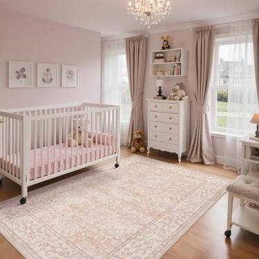 Imagem de GENIMO Tapete lavável de 12 x 18 cm, tapete floral boho vintage antiderrapante, tapete macio e fino para sala de estar, sala de jantar, berçário, rosa e branco