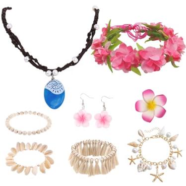 Imagem de Orizizhic Conjunto de acessórios de fantasia de princesa para mulheres, inclui pingente de oceano Havaí flores guirlanda tiara flor grampos de cabelo 3 Boho Shell tornozeleira havaiana acessórios de