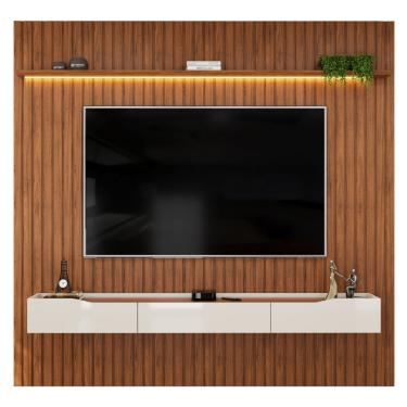 Imagem de Painel Para TV Até 85 Polegadas 2,50m Ripado Autêntico Com Led Montreal Com Nicho Efraín Madeirado/Off White