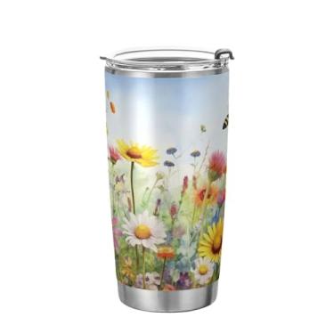 Imagem de xigua Copo de flores silvestres de jardim aquarela com tampa de palha, caneca de viagem a vácuo de parede dupla, caneca de café bem isolada, copo de aço inoxidável para bebidas quentes e frias, 600 ml