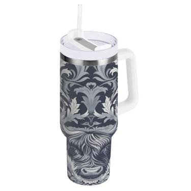 Imagem de xigua Copo Highland Cow 1,134 g com tampa e canudo, aço inoxidável de vácuo duplo isolado garrafa de água esportiva suporte para copo de café de viagem à prova de vazamento para bebida gelada