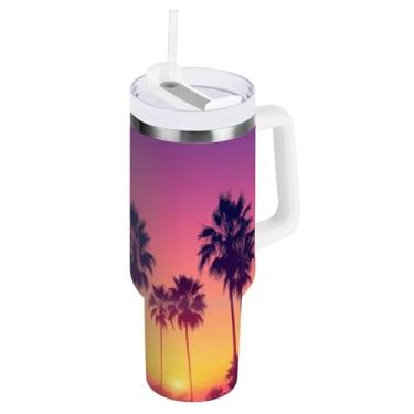 Imagem de Blueangle Copo isolado de 850 g com alça e tampa de canudo - Caneca de viagem de aço inoxidável à prova de vazamento, garrafa de água com silhueta de palmeira a vácuo de parede dupla (120)