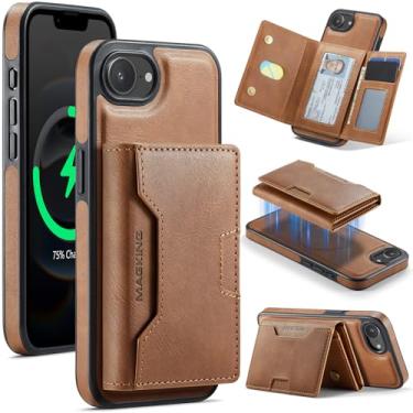 Imagem de DG.MING Capa carteira para iPhone 16e, suporte magnético destacável 2 em 1 com bloqueio RFID (7 compartimentos para cartão), compatível com MagSafe, suporte, couro PU + design TPU à prova de choque