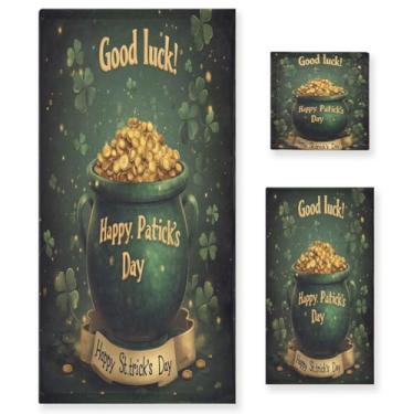 Imagem de Blueangle Conjunto de toalhas decorativas de banheiro com padrão de pote dourado do dia de São Patrício, conjunto de 3 peças com toalha de banho, toalha de mão e toalha de banho (205)