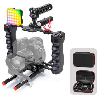 Imagem de Zeadio Gaiola de vídeo para câmera, kit de filmagem de alumínio com alça superior, base tipo Arca, guia de haste de 15 mm, luz RGB, microfone, compatível com todas as câmeras DSLR e filmadoras