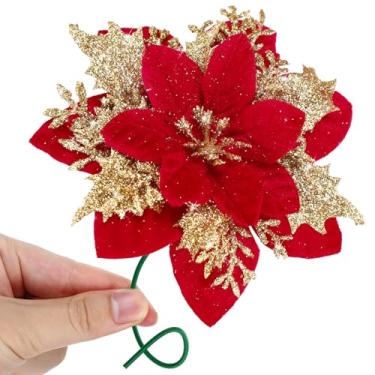 Imagem de Beeplove 12 peças de flores de poinsétia de veludo artificiais - presente de decoração de Natal de poinsétia brilhante, enfeites vermelhos para mesa de guirlanda de árvore de Natal