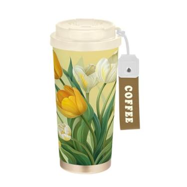 Imagem de Wassud Caneca de café de viagem com isolamento de tulipas amarelas copo à prova de vazamento com tampa e canudo garrafa de água de aço inoxidável para café quente/gelo, chá e cerveja