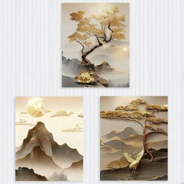Imagem de 3 peças de decoração de parede de paisagem dourada vibrante e lótus, arte estética sem moldura, arte impressa, arte de parede, decoração para casa, sala de estar, corredor, quarto, presentes de