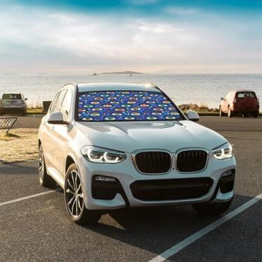 Imagem de Para-brisa frontal com olhos retrô para carro, guarda-sol dobrável, mantém o veículo fresco para a maioria dos veículos, guarda-chuva de para-brisa 144,8 x 76,2 cm