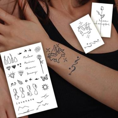 Imagem de 3 peças de tatuagens minimalistas semipermanentes de suco de ervas, diamante, amor, unicórnio, pulso, braço, ombro, pescoço, clavícula, costas, abdômen, perna, corpo, impermeável, adesivo de tatuagem