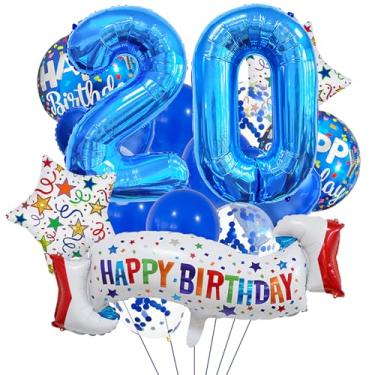 Imagem de Conjunto de decoração de aniversário de 20 anos, balão de coração azul de 20 anos, balão colorido de feliz aniversário de 20 anos para meninas, meninos, crianças, adultos, decoração de aniversário de