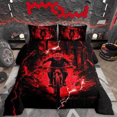 Imagem de Feelyou Conjunto de cama infantil Dirt Bike, tamanho casal, para esportes radicais, motocicleta, ultramacio, para corrida, motocross, decoração de quarto, vermelho
