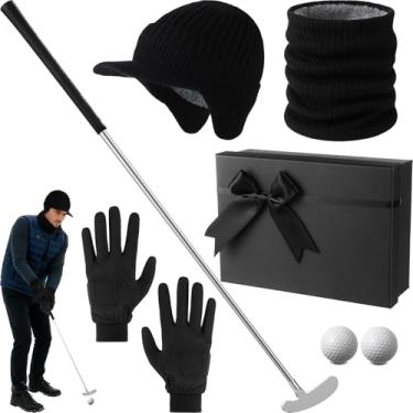 Imagem de Soulchen O kit de presentes de golfe inclui luvas de golfe para clima frio, duas formas com 2 bolas de treino, gorro de malha, chapéu com abas de orelha, lenços grossos à prova de vento e caixa de