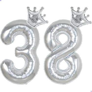 Imagem de 38 balões com números de 101,6 cm prata para decorações de aniversário de 38 anos para homens e mulheres, decoração de aniversário de 38 anos de Mylar gigante para ele e ela