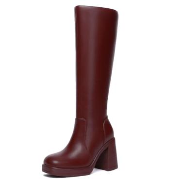 Imagem de Athlefit Botas pretas na altura do joelho para mulheres, plataforma, botas altas modernas, bico quadrado, botas de salto grosso, Vermelho, 39