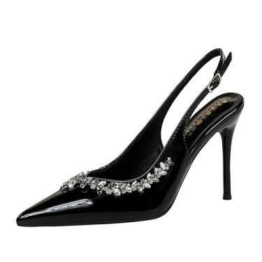 Imagem de YGJKLIS Sapato feminino 10 cm cor sólida couro envernizado com glitter decoração salto alto, bico fino nas costas tira no tornozelo stiletto, Preto, 7 Narrow