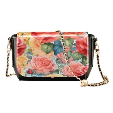 Imagem de GAIGEO Aquarela com rosas vermelhas e amarelas femininas tamanho médio, bolsa tiracolo de couro feminina, Lindas rosas em aquarela - 2, One Size
