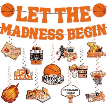 Imagem de Precisa de decorações de festa de basquete de março DIY inclui faixa de festa com tema de basquete redemoinhos pendurados março faculdade jogo de basquete decorações penduradas tema esporte decoração