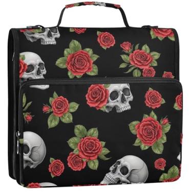 Imagem de Skulls Red Roses Black 3 argolas com 3 anéis, fichário com zíper, fichário com alça, bolsa de ensino médio, vários bolsos, pasta grande, 34,5 x 31,5 x 9 cm