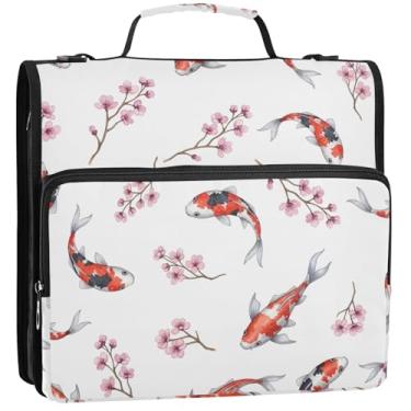 Imagem de Organizador de fichário com zíper para estudantes, 3 argolas de 3,5 cm, Koi Fish, floral, branco, estojo com alça para fichários escolares com alça de ombro, 34,5 x 31,5 x 8,9 cm