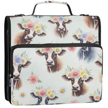Imagem de Cows Floral Crowns Daisies 3 fichários anel D 1,5 polegada D organizador de fichários escolares bolsa com alça de ombro bonito portfólio comporta 500 lençóis, 34,5 x 31,5 x 9 cm