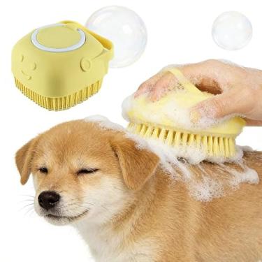 Imagem de Escova de massagem de banho para cuidados com animais de estimação com dispensador de xampu integrado e corda para pendurar, cerdas macias para cães de pelo curto e comprido, gatos, duche, limpeza