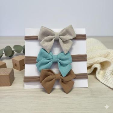 Imagem de Laço de Cabelo em Linho Premium para Bebê e Infantil, Faixinha em Meia Slin, Kit com 3 Peças, Cores Sortidas