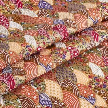 Imagem de MAYJOYDIY Tecido de algodão estilo japonês em forma de leque de 1,1 m 150 cm tecido de escamas de peixe chocolate tecido de embrulho floral patchwork estampado acolchoado para artesanato e projetos