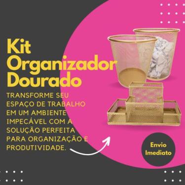 Imagem de Lixeiras Premium de Luxo Dourada Organizador Kit Escritório de Mesa Or