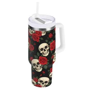 Imagem de SEHANY Copo de caveira e rosas de 850 g com alça, copo isolado de aço inoxidável a vácuo de parede dupla, caneca de café à prova de vazamento, copo isolado para viagem, cabe no suporte de copo de