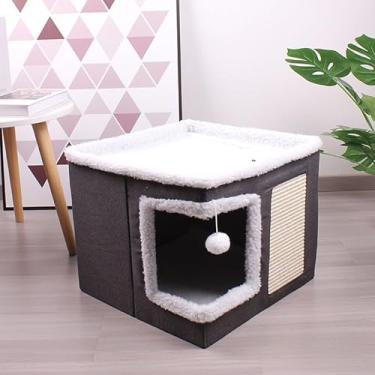Imagem de Casinha Dobrável para Gatos com Arranhador de Sisal e Brinquedo Suspenso – Conforto e Diversão(CINZA)