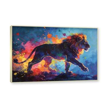 Imagem de Moldura dourada. Arte abstrata de respingos de leão, pintura colorida de animais em tela, decoração de parede expressiva moderna para sala de estar ou escritório. A89. 60 x 90 cm - 23,7 x 35,5 pol.