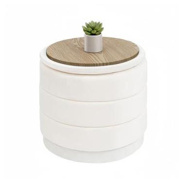 Imagem de B FSOBEIIALEO Otomano de armazenamento de veludo redondo com bandeja, otomano dobrável com mesa de centro de armazenamento descanso de pés para dormitório, sala de estar branco, 39 x 39 x 37 cm