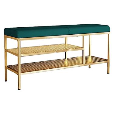 Imagem de pcagfaajmh Banco de armazenamento de 2 camadas com moldura de metal, suporte para sapatos com design de almofada de assento, para entrada, quarto, sala de estar (tamanho: 120 x 32 x 47 cm) ()