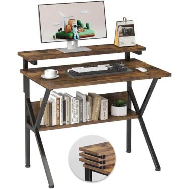 Imagem de COTUBLR Mesa pequena, mesa de computador pequena para espaços pequenos, mesa de computador de 27,5 polegadas com suporte ajustável para monitor, mesa compacta com armazenamento, mesa de estudo pequena