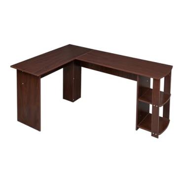 Imagem de Mesa de escritório em forma de L para casa com estante de livros de duas camadas, mesa de canto em ângulo reto, mesa de canto para computador (134 x 50 x 70 cm, tamanho único)