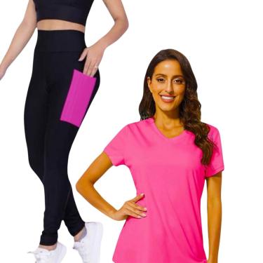 Imagem de Conjunto CAMISETA Blusinha DRY MALHA FRIA POLIAMIDA + Calça LEGGING BOLSOS Academia Fitnes 534-Feminino